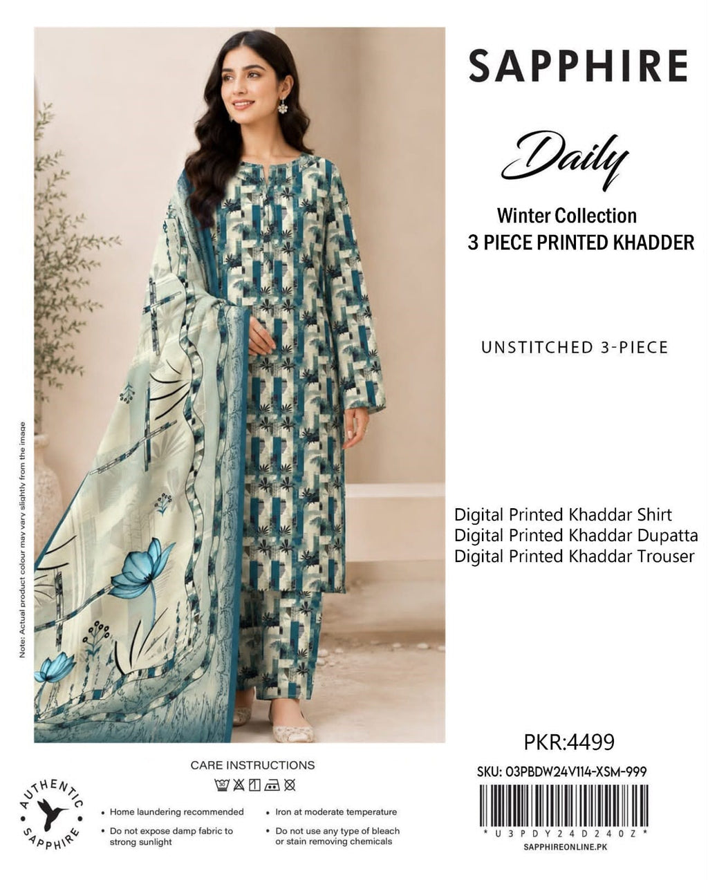 Printed Khaddar 3-Piece Suit SAPPHIRE