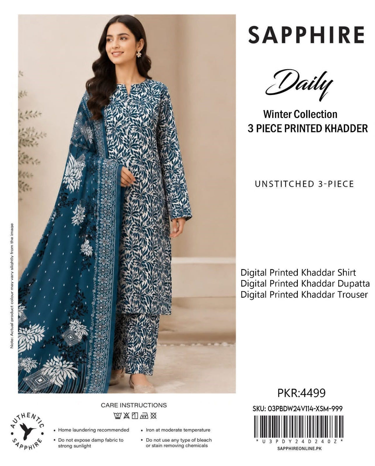 Printed Khaddar 3-Piece Suit SAPPHIRE